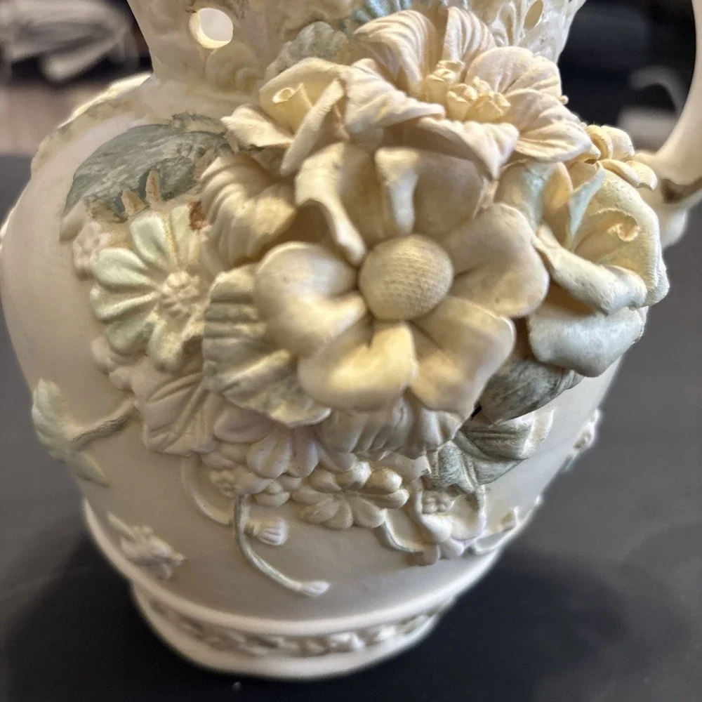 Capodimonte Porcelain Floral Pitcher Vase Reticulated Scalloped 7